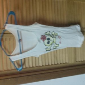 Seven7 Brand Women's White Tank with Skull & Crossbones-Size Small